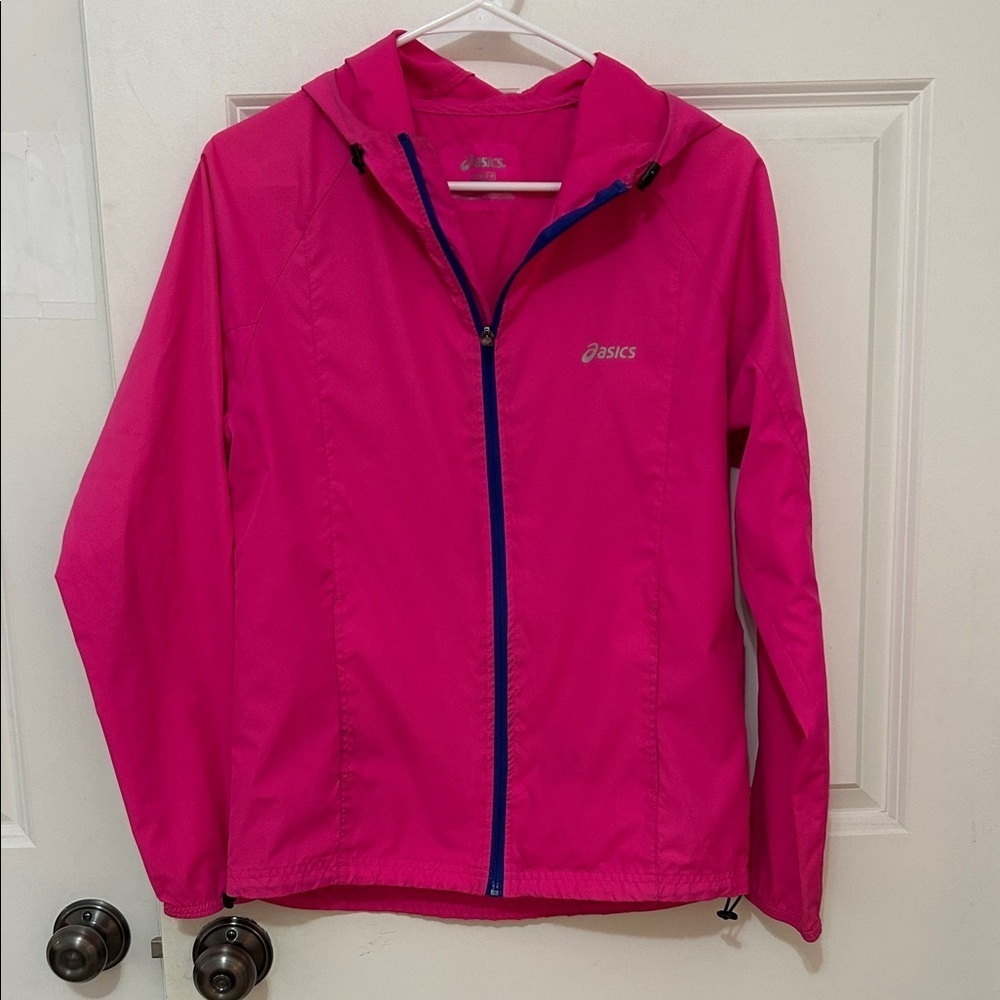 Asics lightweight running Hooded athletic windbreaker Jacket size small pink
